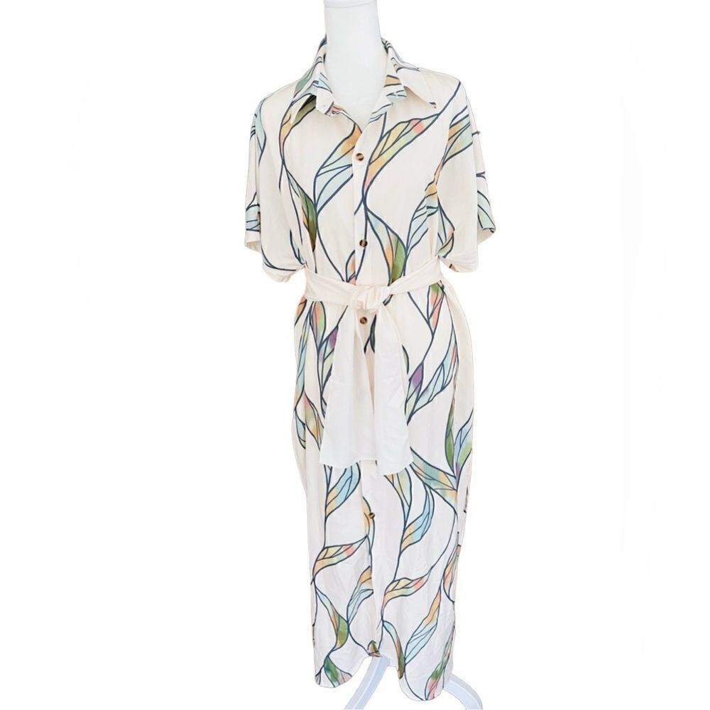 Colorful abstract design button front w/  tie belt short sleeved maxi dress sz L